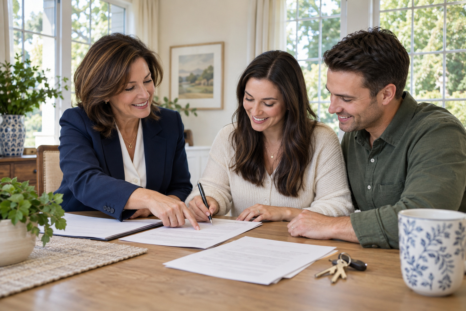 A property advisor and a couple reviewing home closing paperwork in a bright dining room