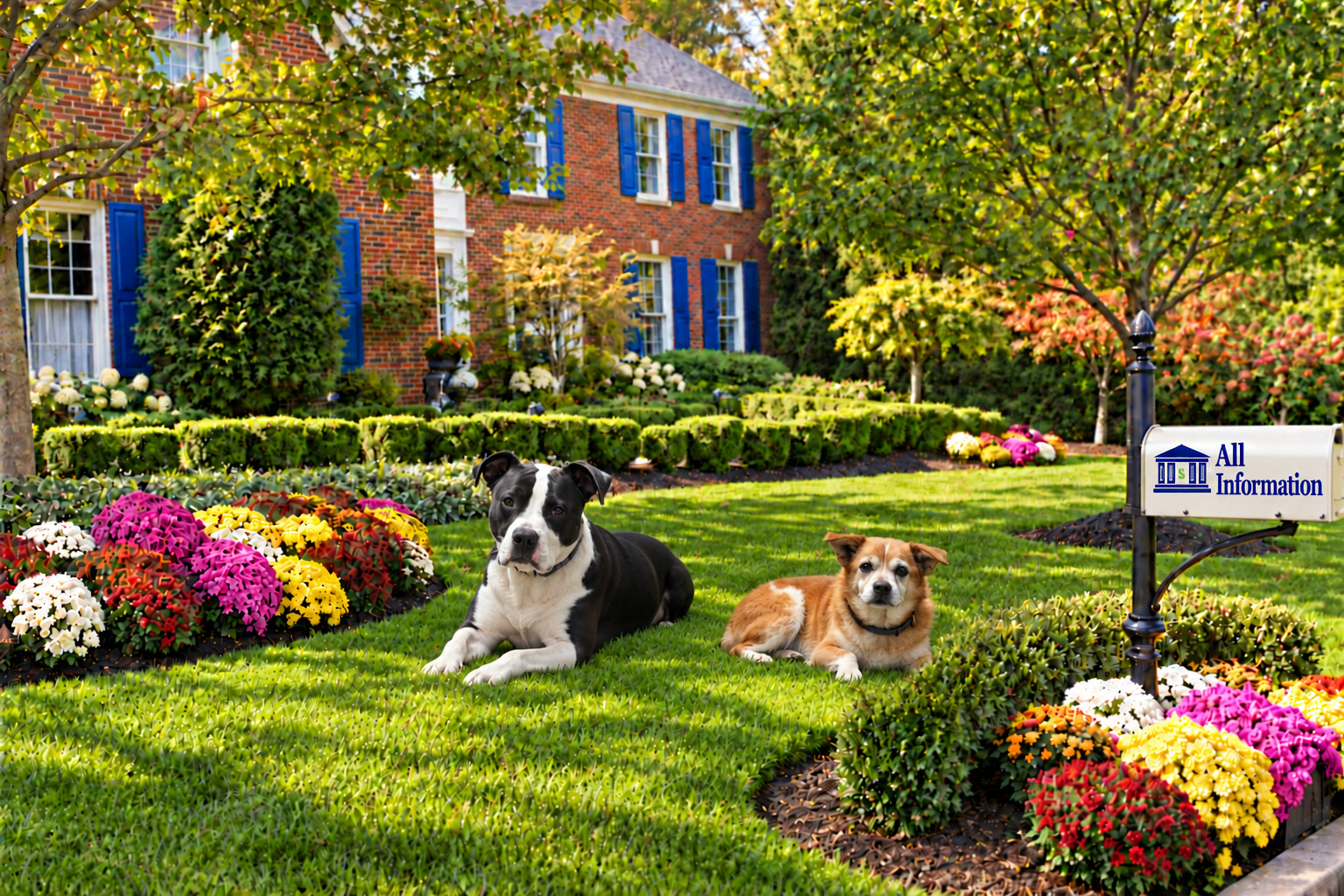Two dogs resting on the lawn of a landscaped Colonial home