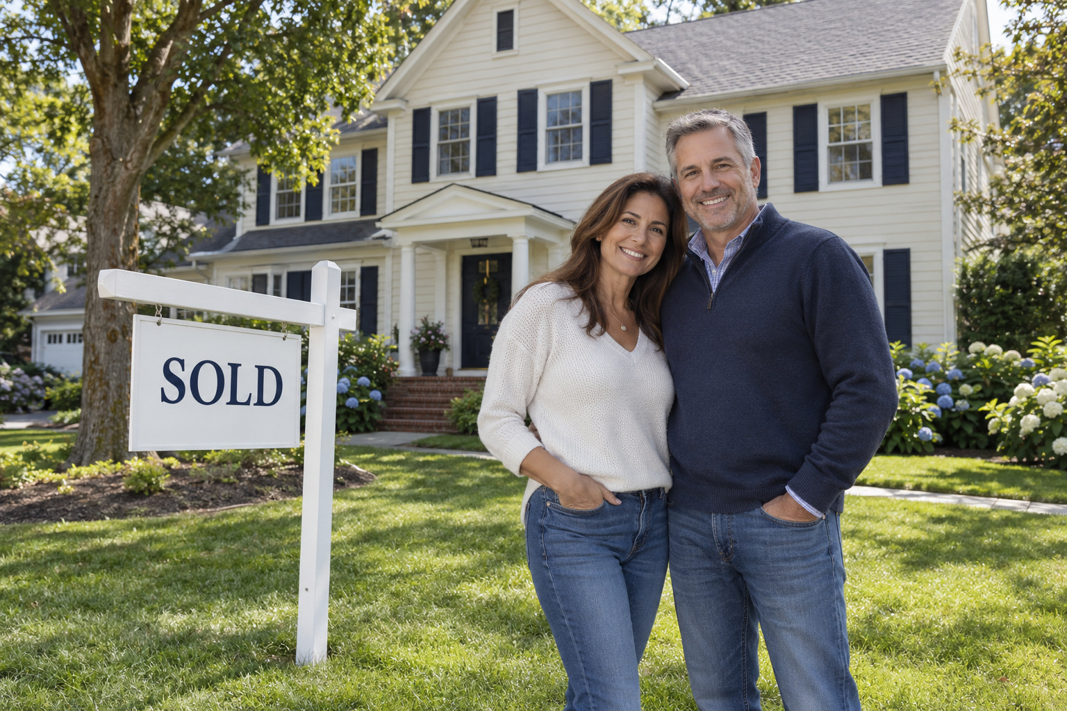 A couple outside a traditional Long Island style Colonial home with a sold sign