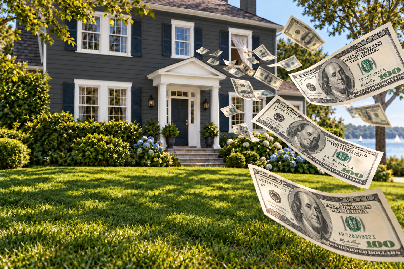 Dollar bills blowing from a dark gray home, illustrating unnecessary property tax costs